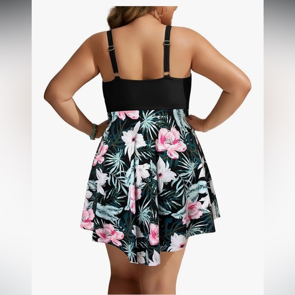 Hanna Nikole Black Floral One Piece Flowy Body Shaping Swimsuit Dress w/shorts - Picture 14 of 16